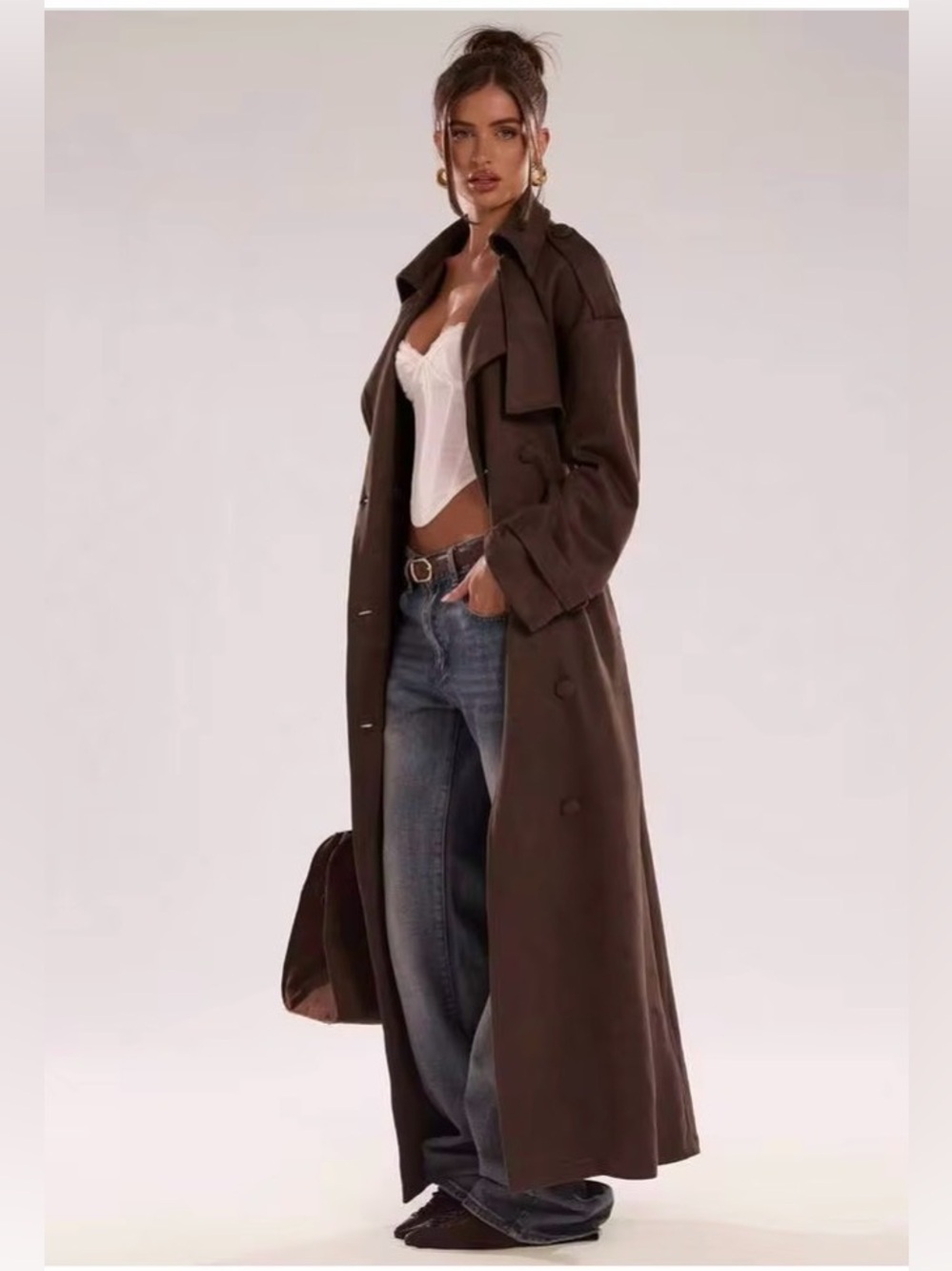Gallery Petite Dark Brown Double-Breasted Trench Coat with Belt